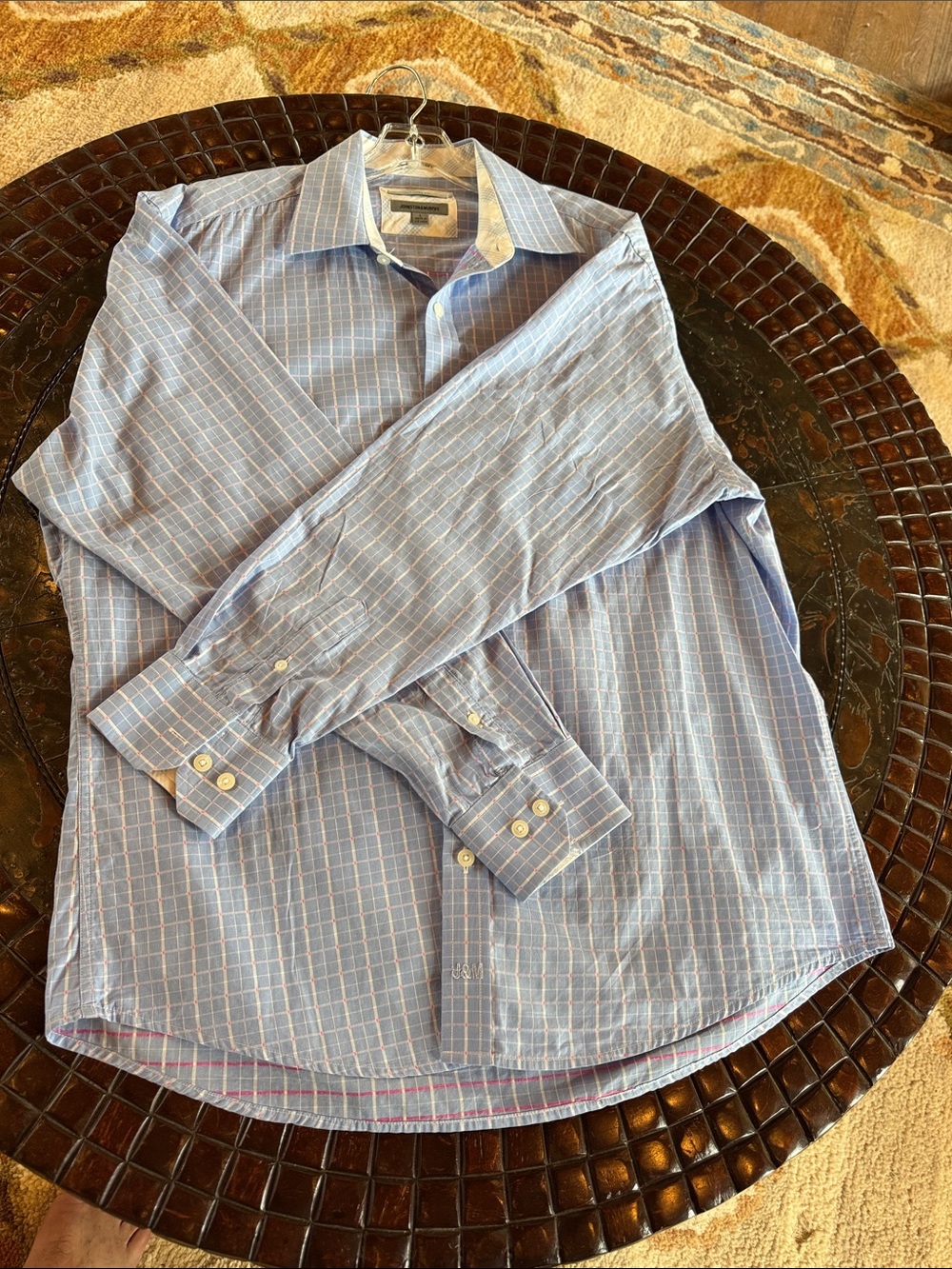 Johnston & Murphy Light Blue Windowpane Dress Shirt with Pink Accents